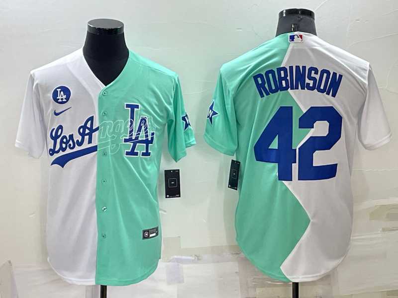 Los Angeles Dodgers #42 Jackie Robinson White Green Two Tone 2022 Celebrity Softball Game Cool Base Jersey,We sell and wholesale Los Angeles Dodgers #42 Jackie Robinson White Green Two Tone 2022 Celebrity Softball Game Cool Base Jersey on line form chian!